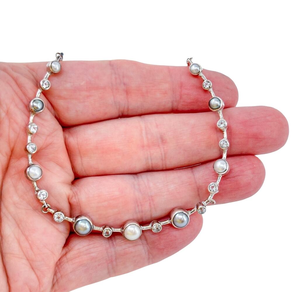 Vintage Sterling Silver 925 Pearl Cubic Zirconia Bib Necklace 17"